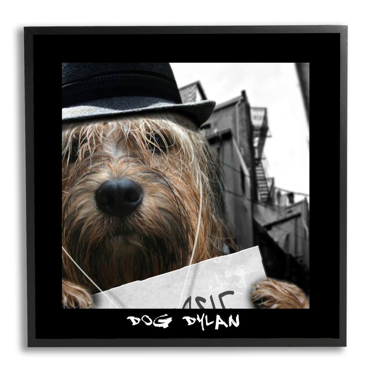 Stupell Industries Dog Dylan Funny Musician Wearing Hat Cityscape Framed Giclee Art
